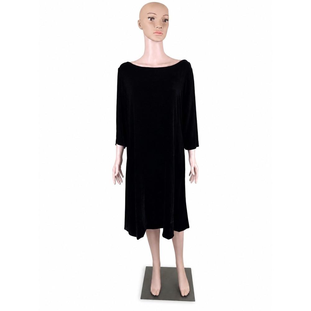 Eileen Fisher Black Velvet A-Line Dress XL Silk Rayon 3/4 Sleeve LBD